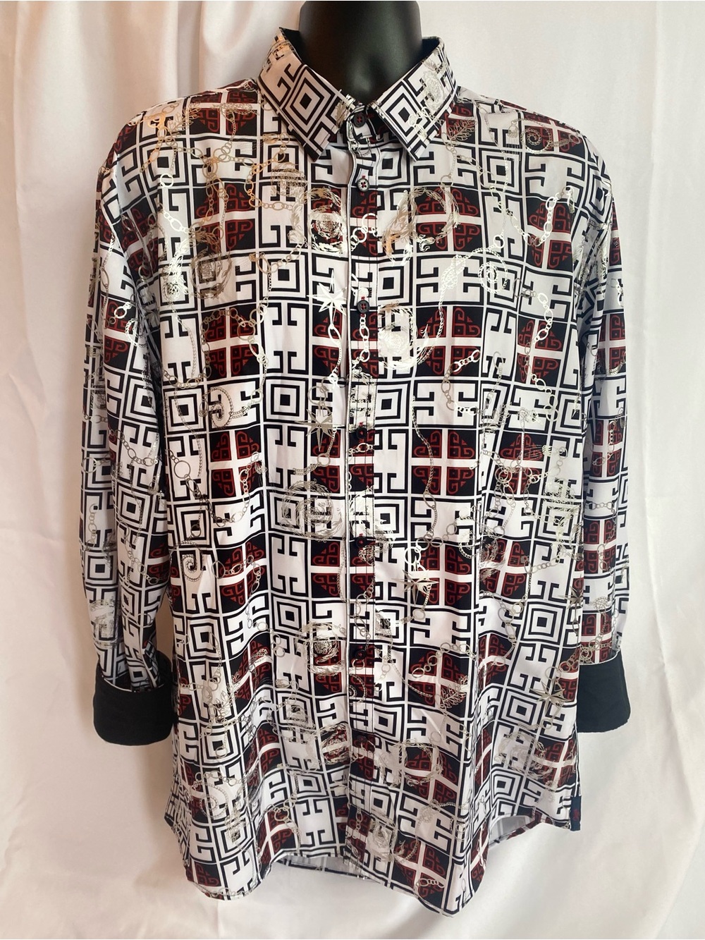 Sugar That Shirt Is Sweet Men 2XL Dress Shirt Geometric Chain Black White Silver